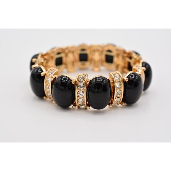 Stretchy Bracelet Black Cabochon Rhinestone Crystal Gold Tone Shiny Bin6 - Picture 9 of 12